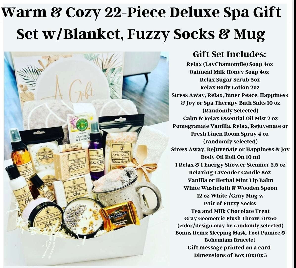 Deluxe 22-Piece Spa Gift Basket with Blanket| Self Care Gift for Women| Hygge Gifts for Her