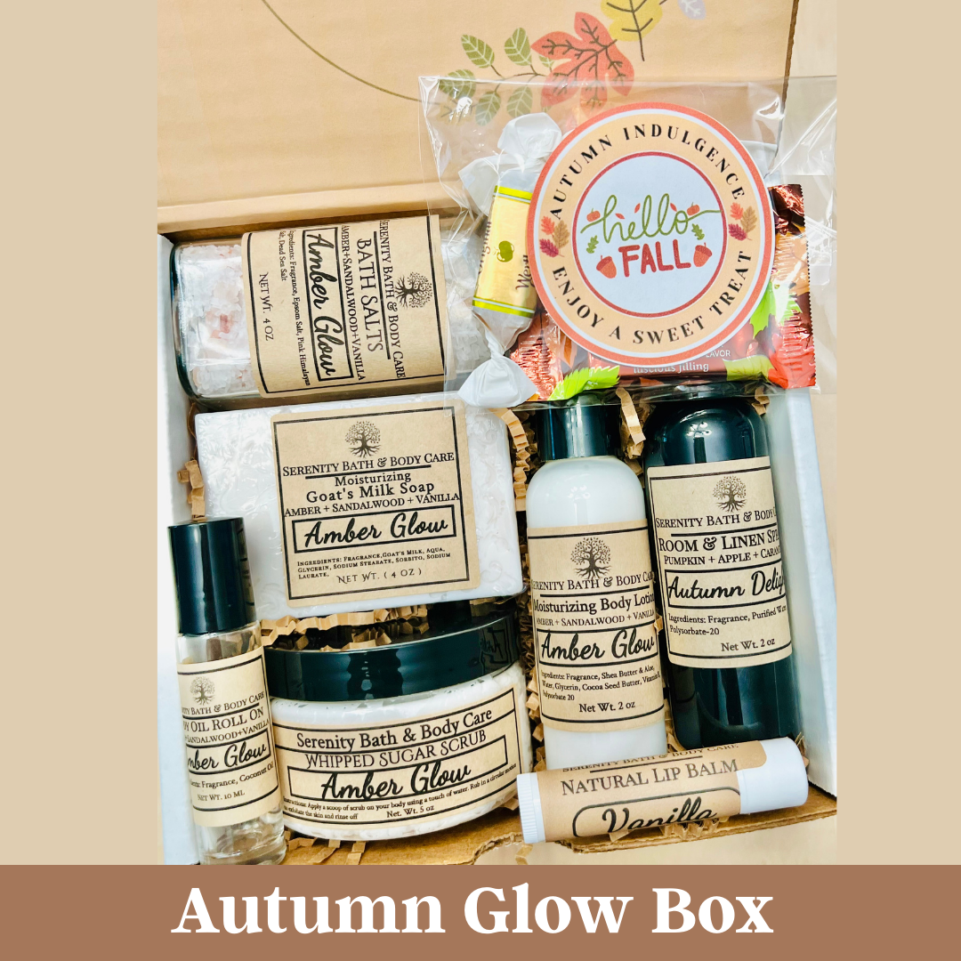 Autumn-themed bath and body products in a gift box with 'Hello Fall' tag.
