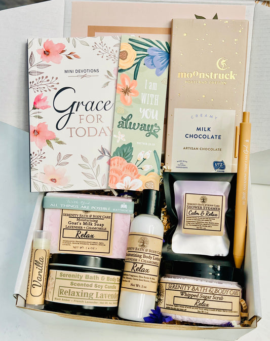 Christian devotional gift box for women with devotional book, bible verse bookmark and chocolate bar with spa items 