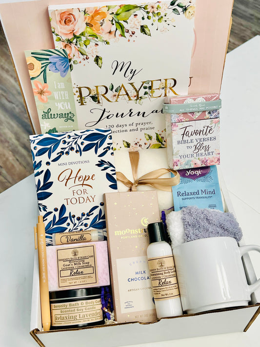 Christian Prayer Journal Gift Box | Devotional Spa Gift Set with Chocolate, Mug & Scripture Cards | Birthday, Christmas, Thinking of You Gift