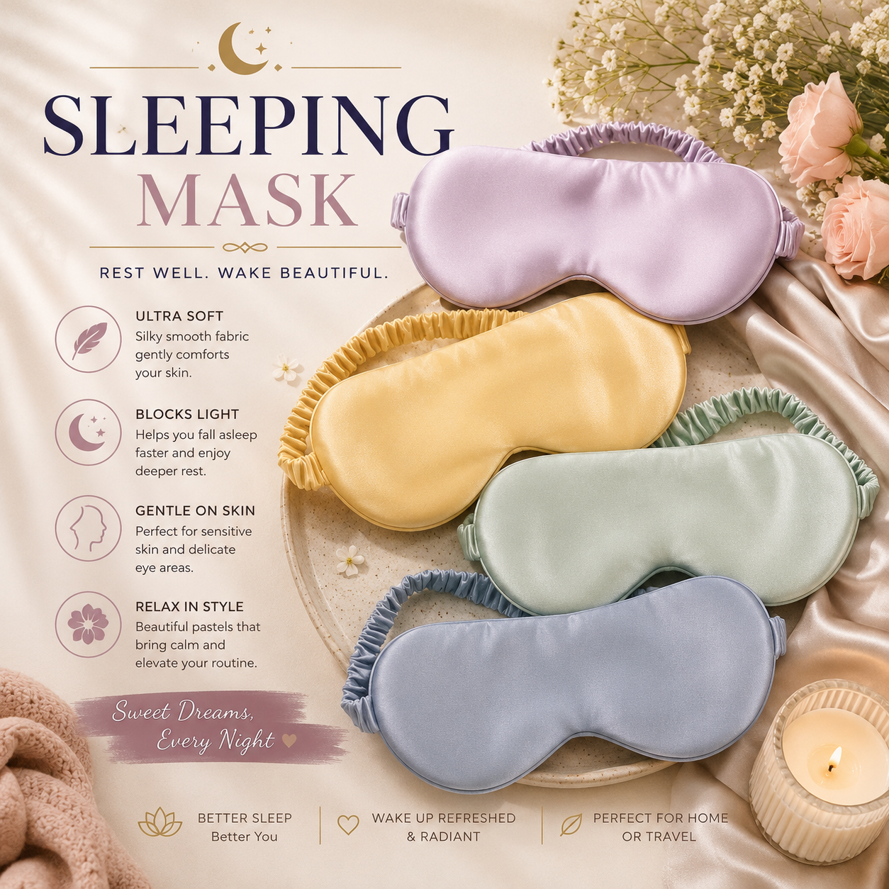 Solid Silk Satin Sleeping Mask Eye Mask- Build a Box