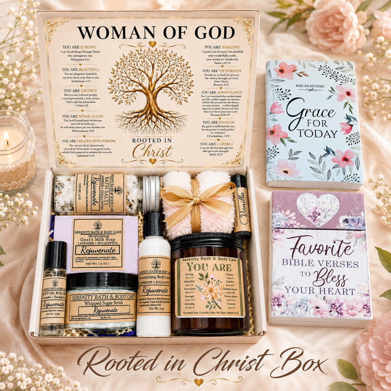 Rooted in Christ Gift Box open showing spa products, devotional book, and Bible verse cards