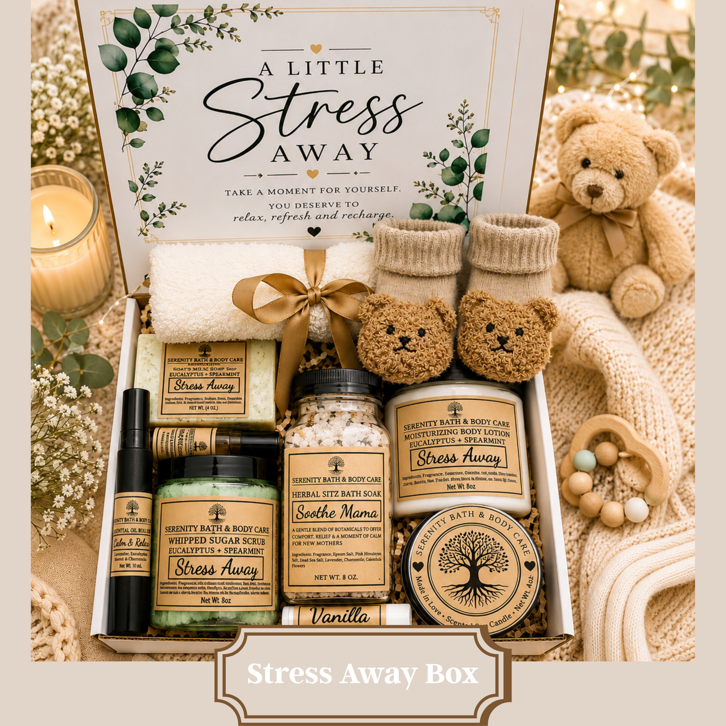 Stress Away New Mom Gift Box, New Mom Care Package, New Mom & Baby Gift Set, Pregnancy Gift Box, Personalized New Mom Gift