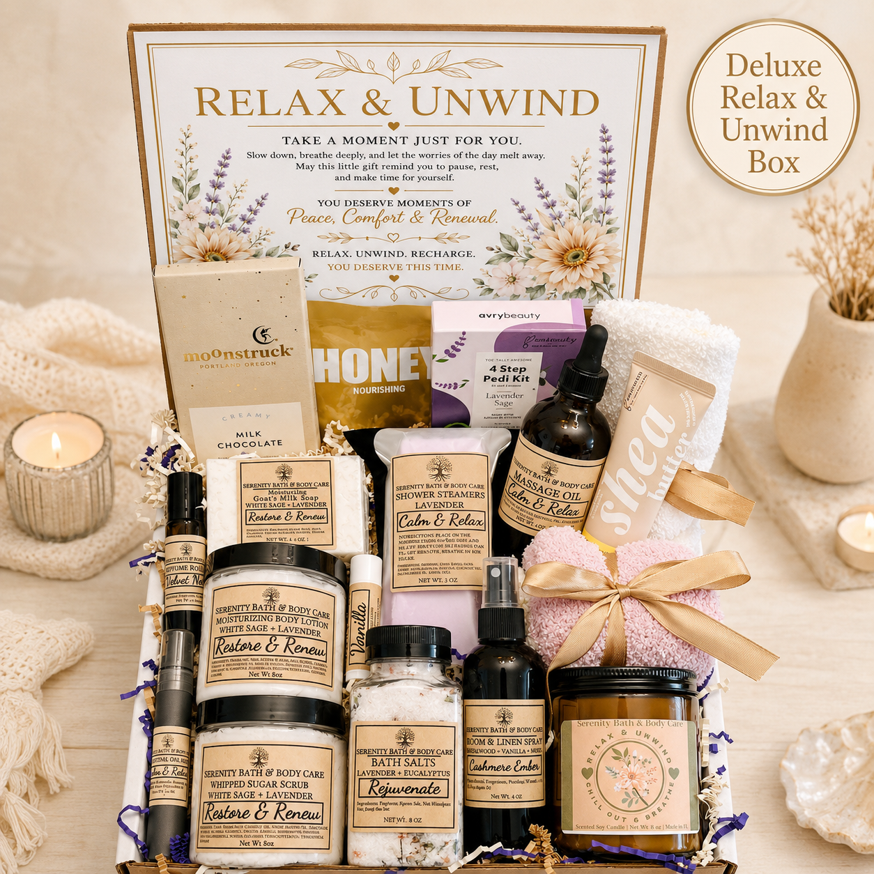 Deluxe Relax & Unwind Self Care Gift Box for Women | Spa Gift Box for Birthday, Christmas, Mother's Day & More