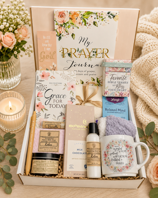 Christian Prayer Journal Gift Box | Devotional Spa Gift Set with Chocolate, Mug & Scripture Cards | Birthday, Christmas, Thinking of You Gift