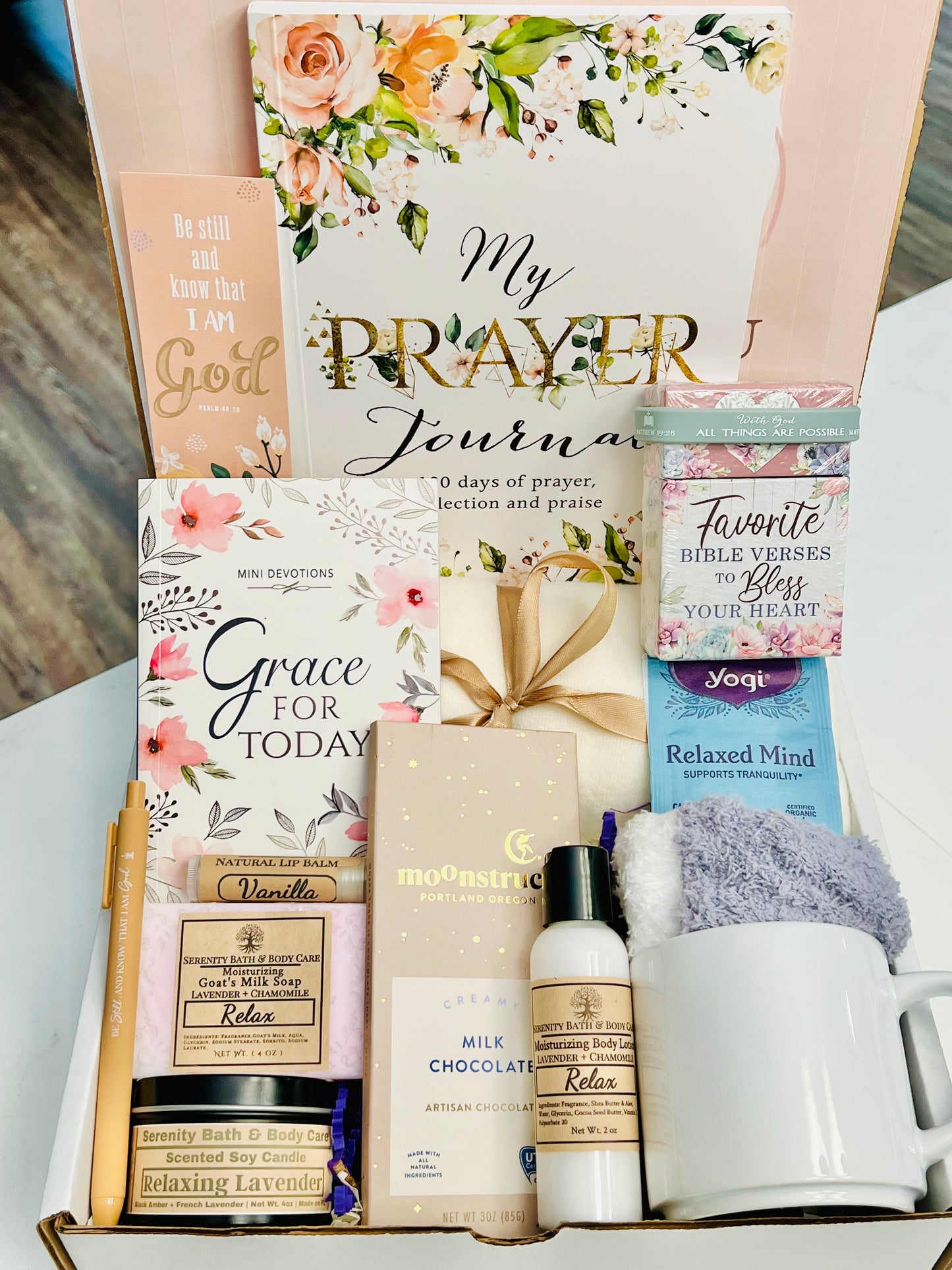 Christian Prayer Journal Gift Box | Devotional Spa Gift Set with Chocolate, Mug & Scripture Cards | Birthday, Christmas, Thinking of You Gift