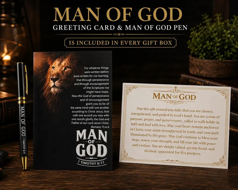 Man of God greeting card and pen included in every box