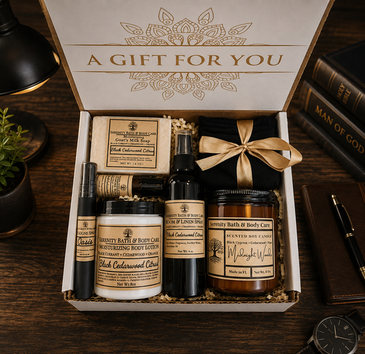 Men's luxury gift box open showing goat milk soap, body lotion, room spray, cologne, soy candle and socks