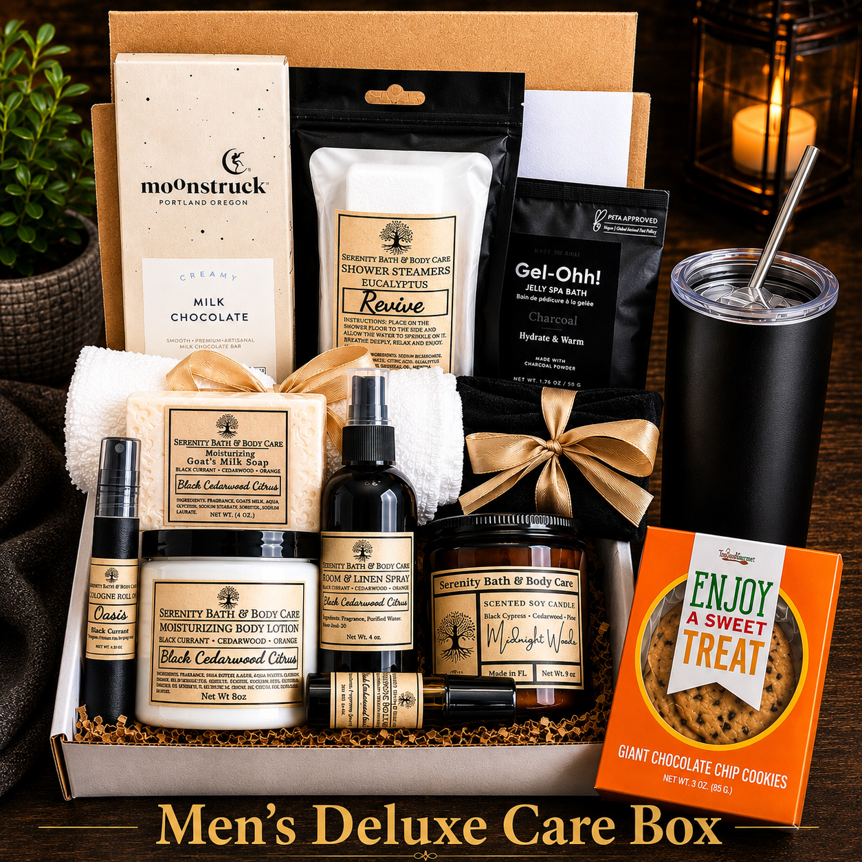 Men's Deluxe Care Box open showing spa and grooming products