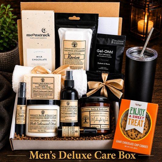 Men's Deluxe Care Box open showing spa and grooming products