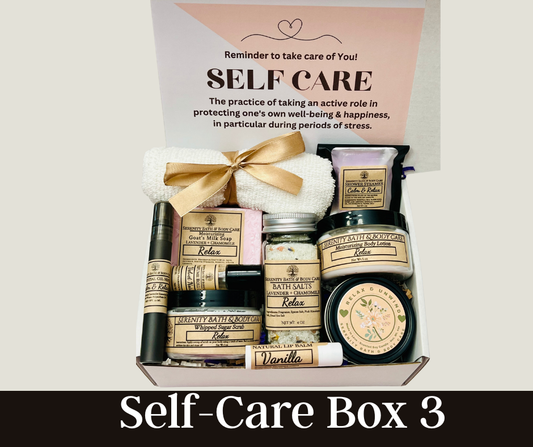 Valentine’s Day self care box for women with bath salts, scrub, candle, lotion, and calming spa items