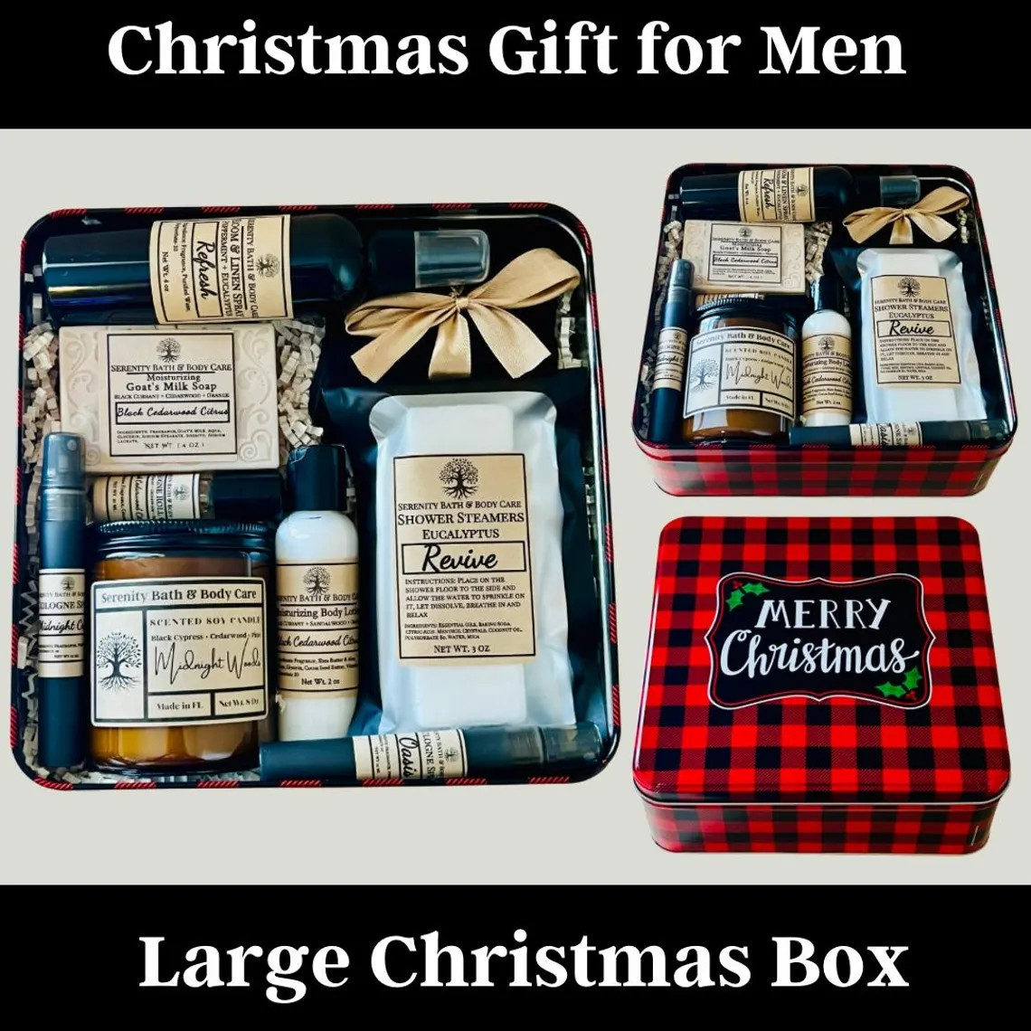Large Christmas Spa Gift Box for Men with shower steamer, candle, lotion, and soap — luxury grooming gift for Christmas.