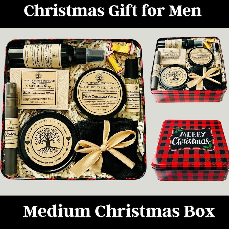 Medium Christmas Spa Gift Box for Men with lotion, candle, soap, and cologne — relaxing holiday self-care set.