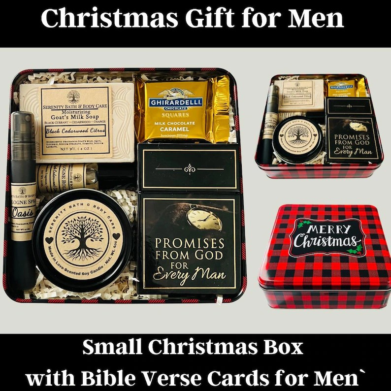 mall Christmas Gift Box for Men with Bible verse cards, cedarwood soap, candle, and chocolate — perfect holiday gift for men of faith.