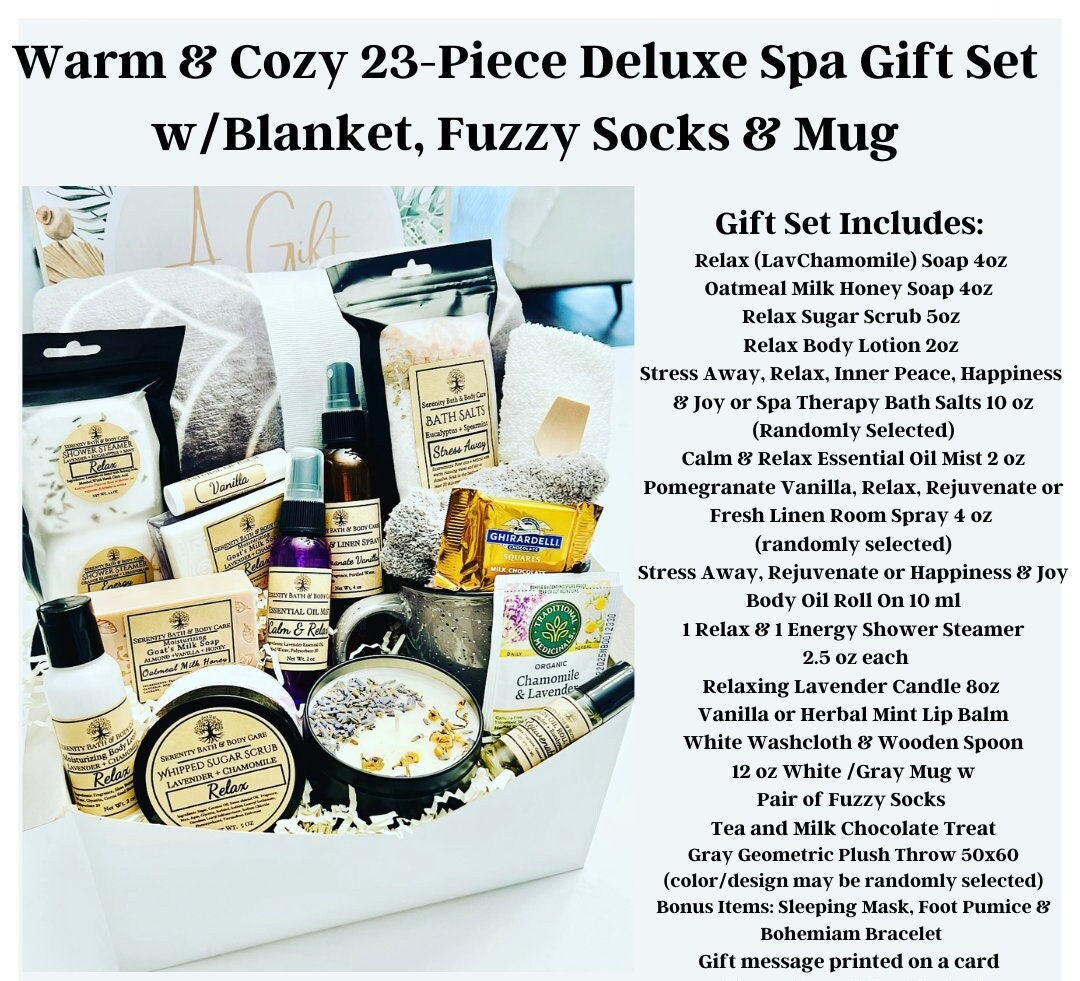 A Deluxe Warm & Cozy Plush Blanket Spa Gift Basket, Hygge Gift Box, Sympathy Gift Box, Gift for Mom, Recovery Gift, Thinking of You, Relaxation Gift